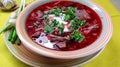 Traditional Ukrainian cuisine borscht, borsch made with red beets, other vegetables and meat Royalty Free Stock Photo