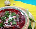 Traditional Ukrainian cuisine borscht, borsch made with red beets, other vegetables and meat Royalty Free Stock Photo