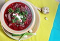 Traditional Ukrainian cuisine borscht, borsch made with red beets, other vegetables and meat Royalty Free Stock Photo