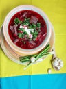Traditional Ukrainian cuisine borscht, borsch made with red beets, other vegetables and meat Royalty Free Stock Photo