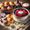 Traditional Ukrainian dish composed of a steaming bowl of beet soup, garnished with fresh dill and a dollop of sour cream on top