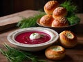 Traditional Ukrainian dish composed of a steaming bowl of beet soup, garnished with fresh dill and a dollop of sour cream on top