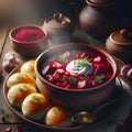 Traditional Ukrainian dish composed of a steaming bowl of beet soup, garnished with fresh dill and a dollop of sour cream on top