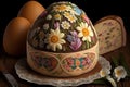 Traditional Ukrainian Easter cake painted with marshmallow icing in the shape of an egg - Generative AI