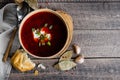 Traditional Ukrainian National soup. Red beetrot soup with vegetables and meat. Top view, copy space Royalty Free Stock Photo