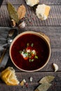 Traditional Ukrainian National soup. Red beetrot soup with vegetables and meat. Top view Royalty Free Stock Photo