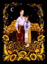 Traditional Ukrainian painting petrikovka petrykivka. Loving couple in national clothes on beautiful country background.
