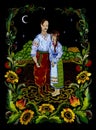 Traditional Ukrainian painting petrikovka petrykivka. Loving couple in national clothes on beautiful country background