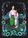 Traditional Ukrainian painting petrikovka petrykivka. Loving couple in national clothes on beautiful country background