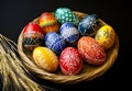 A traditional Ukrainian pattern serves as the backdrop for an Easter cake that sits on a table, accompanied by eggs and Royalty Free Stock Photo