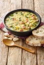 Traditional Ukrainian rich soup kulish from millet with cracklings close-up in a plate. vertical