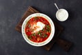 Traditional  ukrainian russian traditional beet red soup - borscht with sour cream Royalty Free Stock Photo