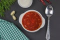 Traditional Ukrainian Russian borsch with white sour cream. Plate of borscht red beetroot soup on a table. Borsch on top. Royalty Free Stock Photo