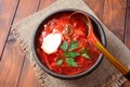 Traditional Ukrainian Russian borscht . Bowl of red beet root soup borsch with white cream Royalty Free Stock Photo