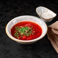 Traditional Ukrainian Russian borscht . Bowl of red beet root soup borsch with white cream . Beet Root delicious soup Royalty Free Stock Photo
