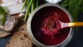 Traditional Ukrainian borscht . Bowl of red beet root soup borsch with white cream . Beet Root delicious soup . Royalty Free Stock Photo