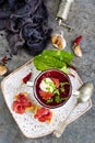 Traditional Ukrainian Russian borscht . Bowl of red beet root soup borsch with white cream . Beet Root delicious soup