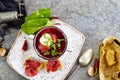 Traditional Ukrainian Russian borscht . Bowl of red beet root soup borsch with white cream . Beet Root delicious soup Royalty Free Stock Photo