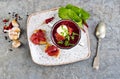 Traditional Ukrainian Russian borscht . Bowl of red beet root soup borsch with white cream . Beet Root delicious soup Royalty Free Stock Photo