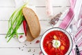 Traditional Ukrainian Russian borscht with white beans on the bowl.