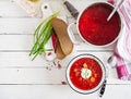 Traditional Ukrainian Russian borscht with white beans on the bowl.