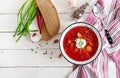 Traditional Ukrainian Russian borscht with white beans on the bowl.