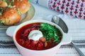 Soup borsch with garlic donuts, pampushki on a white background Royalty Free Stock Photo