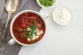 soup borscht from beet with greens and sour cream Royalty Free Stock Photo