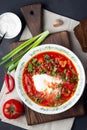 Traditional ukrainian russian traditional beet red soup - borscht with sour cream Royalty Free Stock Photo