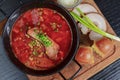 Traditional Ukrainian Russian vegetable borscht. Ukrainian beetroot soup in a bowl with meet, greenery and garlic bread Royalty Free Stock Photo