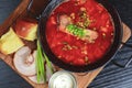 Traditional Ukrainian Russian vegetable borscht. Ukrainian beetroot soup in a bowl with meet, greenery and garlic bread Royalty Free Stock Photo