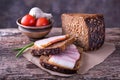 Traditional ukrainian sandwiches with brown rye bread, smoked la Royalty Free Stock Photo