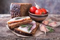 Traditional ukrainian sandwiches with brown rye bread and smoked Royalty Free Stock Photo