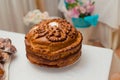 Traditional ukrainian wedding bread on a towel