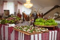 Traditional ukrainian wedding feast table closeup with salads, m