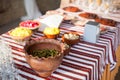 Traditional ukrainian wedding feast table at reception: snacks a
