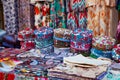 Traditional uzbek clothes such as skullcaps and other colorful souvenirs, Tashkent, Uzbekistan Royalty Free Stock Photo