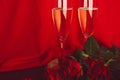 Traditional Valentines day background. Red roses, champagne glasess - seasonal romantic dinner with copy space Royalty Free Stock Photo