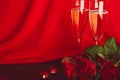 Traditional Valentines day flat lay. Red roses, champagne glasess, chocolate candies - seasonal romantic dinner with