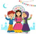Traditional Vector Islamic Greeting Card of Two Kids and Mawlid Bride Celebrating, Holiday of Prophet Muhammad Bithday