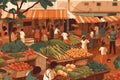 Traditional vegetable market. Vendors stand. Fair trade food agriculture