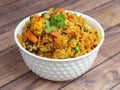 Traditional Vegetable veg biryani with mixed veggies served with curry, selective focus Royalty Free Stock Photo