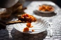 Traditional veggie dish on the wooden spoon above white plate Royalty Free Stock Photo