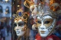 Traditional Venetian carnival masks on display in Venice, Italy