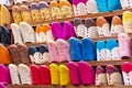 Traditional vibrant Moroccan slippers - `babouches` on the market in Fez, Morocco Royalty Free Stock Photo