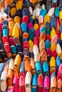 Traditional vibrant Moroccan slippers - `babouches` on the market in Fez, Morocco. Vertical Royalty Free Stock Photo