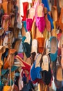 Traditional vibrant Moroccan slippers - `babouches` on the market in Fez, Morocco. Vertical Royalty Free Stock Photo