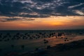 Traditional Vietnamese boats in Mui Ne fishing village at sunset Royalty Free Stock Photo