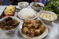 Traditional Vietnamese Bun Cha meal with soup, meat and fried sp