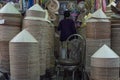 Traditional Vietnamese conical hats are presented at Binh Tay market in Ho Chi Minh City, Vietnam